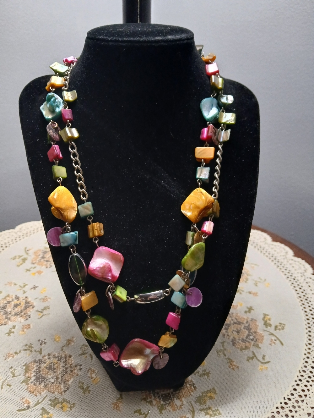 Double Layered Shell Mother Of Pearl Colorful Mixed Beaded Necklace